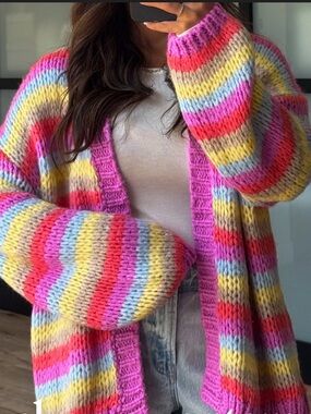 Women’s Talulah Multicolor Striped Open Cardigan Sweater - Pink/Yellow/Blue
